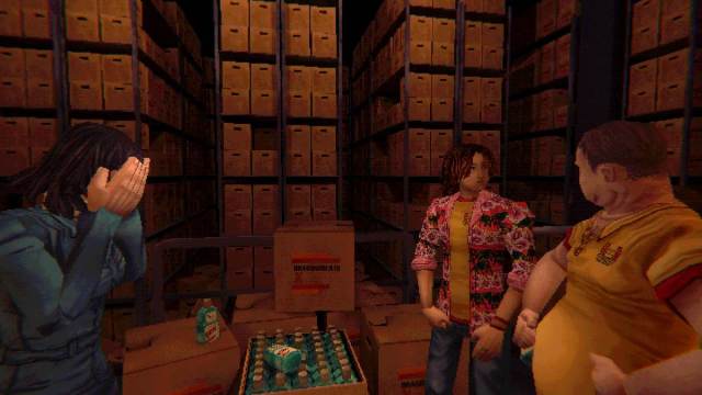 Anya, Daisuke, and Swansea standing inside the Cargo Hold surrounded by mouthwash products