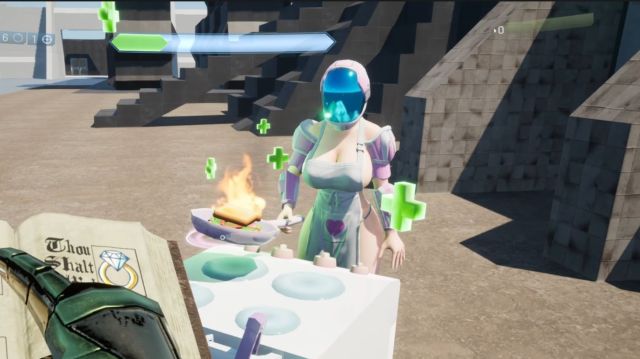 A helmeted but skimpily dressed woman cooks a sandwich in a frying pan. Image from the Booba update of Murder Miners X