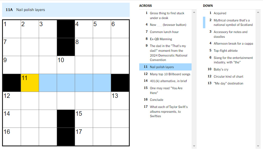 Picture showing the Nail polish layers clue in NYT Mini Crossword.