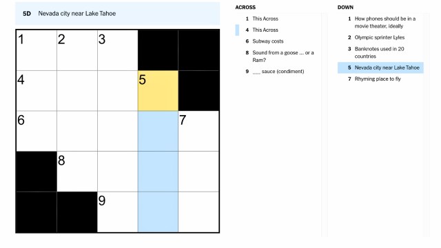 the clue, Nevada city near Lake Tahoe, from the nyt mini crossword puzzle highlighted on the crossword in blue and yellow.