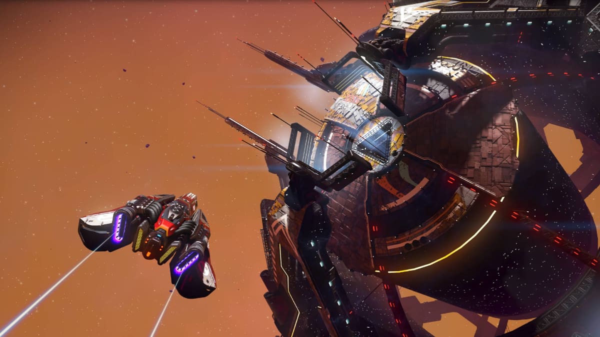 An image from No Man's Sky of a space ship flying into a large Space Station.