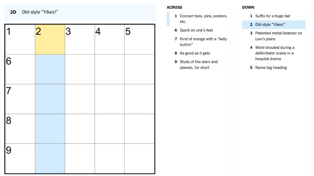 The clue, Old style yikes!, highlighted in blue and yellow on the NYT Mini Crossword puzzle from Sept. 3
