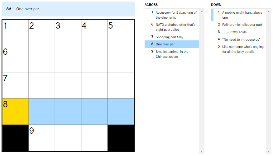 Picture showing the 'One over par' clue in NYT Mini Crossword puzzle.