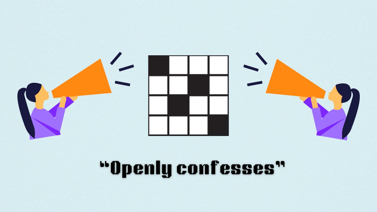 A woman with a megaphone above the clue, openly confesses, from the nyt mini crossword puzzle