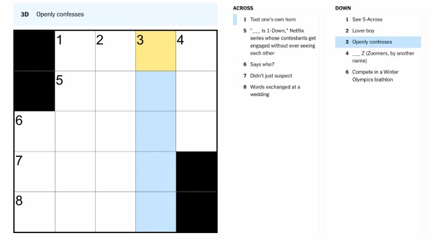 The clue, openly confesses, highlighted in blue an yellow on the NYT mini crossword puzzle