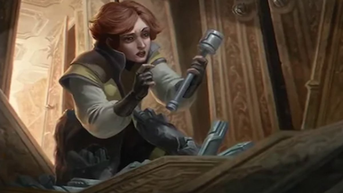 Woman with short red hair looking at Enchantment found in haunted house through MTG Duskmourn set