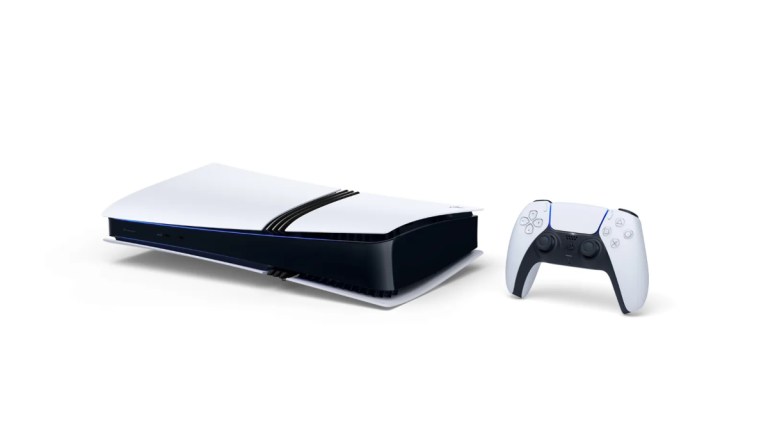 The PS5 Pro shown horizontally and a Dualsense controller.