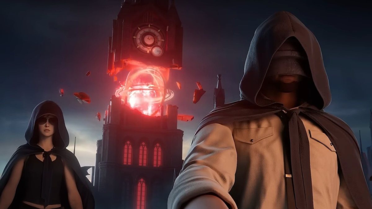 Two people with modern clothing but medieval hoods stand with their backs to a glowing gothic castle clocktower. Promotional image for PUBG Mobile update 3.4