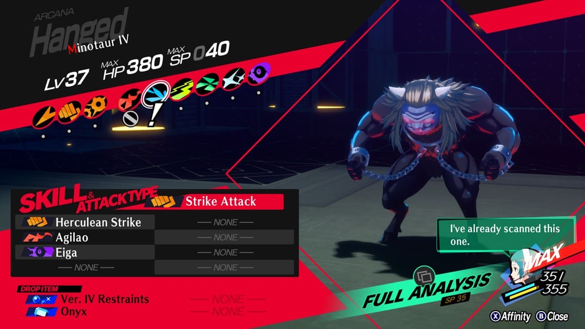 The Shadow Minotaur IV's stats page fully scanned in Persona 3 Reload