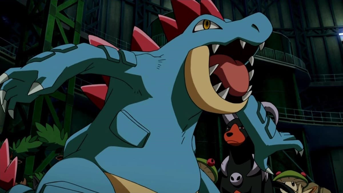 Feraligatr roaring at the enemy while other Pokemon stand behind