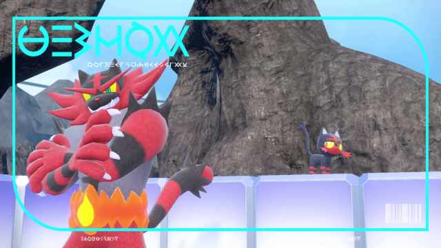 Incineroar posing with a Litten in the background in Pokémon Scarlet and Violet.