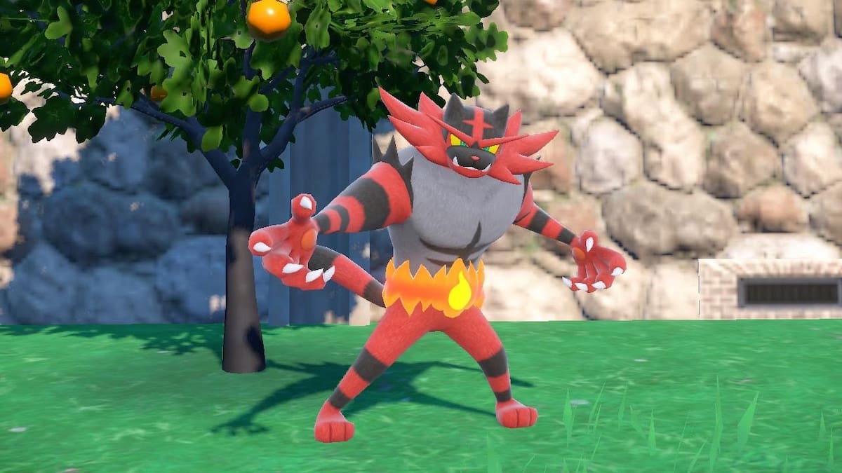 Incineroar standinng by a tree in Pokémon Scarlet and Violet.