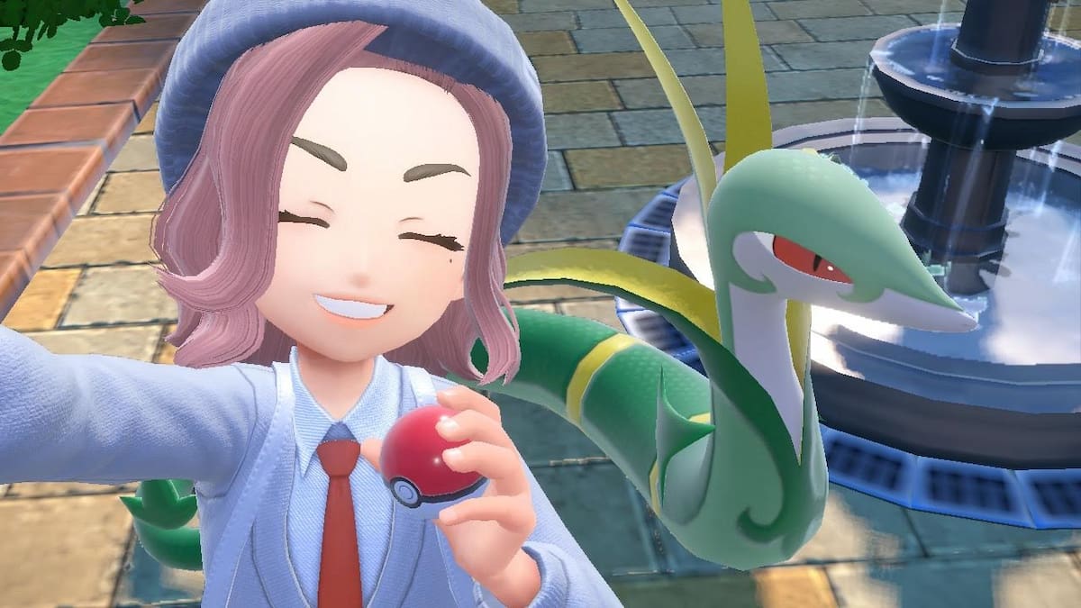 Trainer taking a selfie with Serperior in Pokémon Scarlet and Violet.