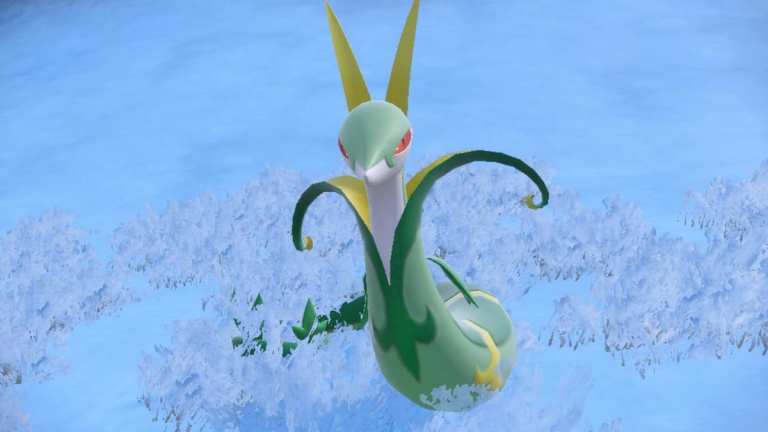 Serperior in the snow in Pokémon Scarlet and Violet.