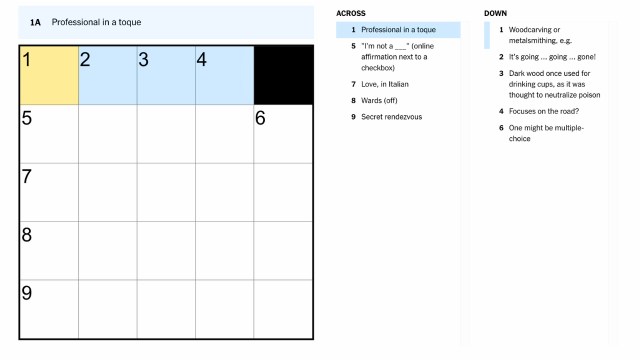 The clue, professional in a toque, highlighted in blue and yellow on the Sept. 2 NYT Mini Crossword puzzle.