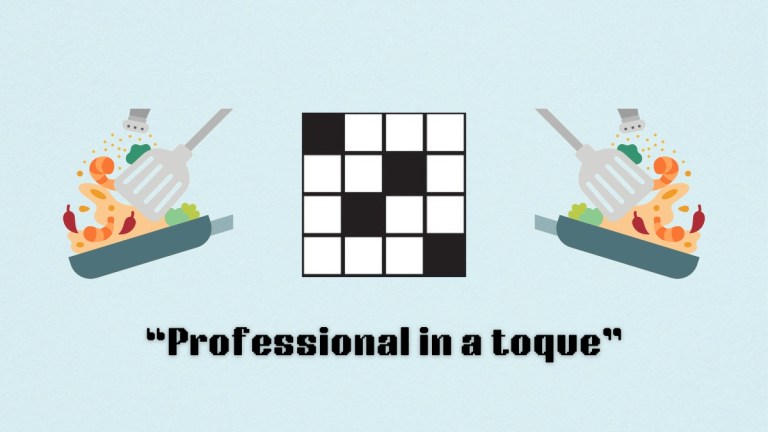 A pan with items cooking in it next to a crossword puzzle icon above the clue professional in a toque from the sept. 2 nyt mini crossword puzzle