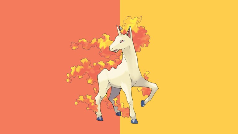 Rapidash in Pokemon Go, a white horse on a red and orange background.