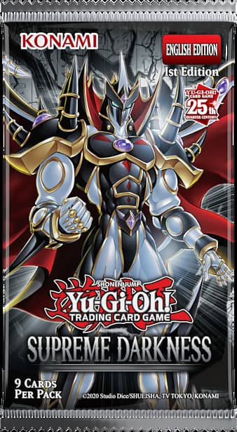 A sample picture of the art on a booster pack for Yu-Gi-Oh!'s Supreme Darkness set.