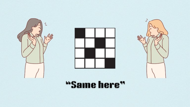 Two women wearing the same t shirt above the clue same here from the sept. 11 nyt mini crossword puzzle