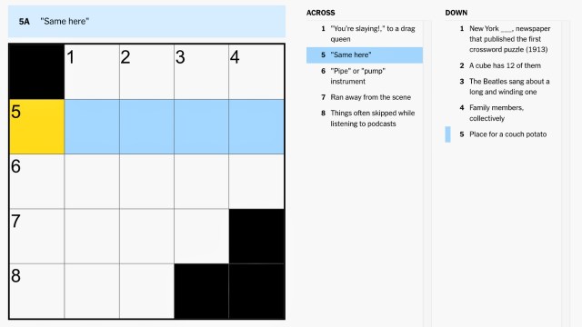 The clue, same here, highlighted in blue and yellow on the NYT mini crossword puzzle