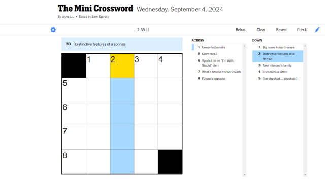 NYT Mini blank crossword with five space down highlighted