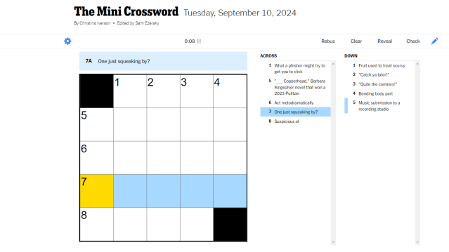 NYT Mini crossword with five across spaces highlighted