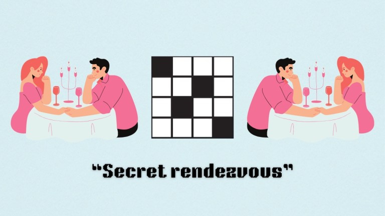 Two lovers at a table next to a crossword puzzle icon above the clue secret rendezvous in the nyt mini crossword puzzle