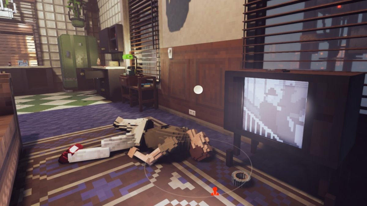 The Dead of Night victim on the floor with the television playing a black and white movie next to them