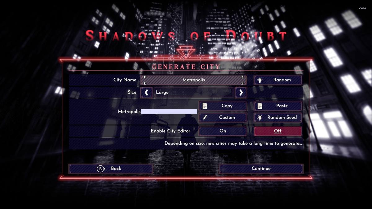 Setting the world seed in the Shadows of Doubt main menu