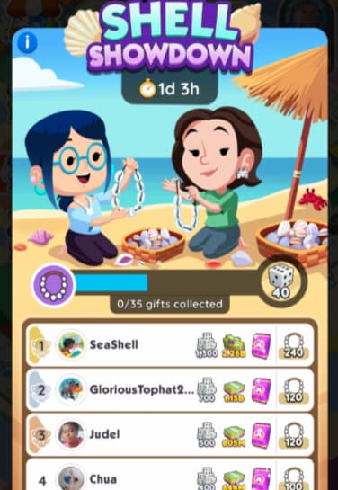 A lady in a blue shirt and a lady in green shirt making shell necklaces on beach in Monopoly GO