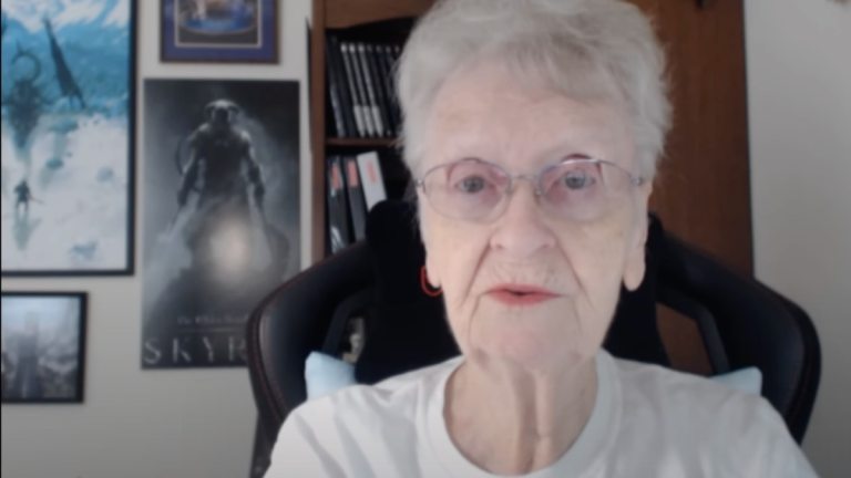 Shirley Curry, the "Skyrim Grandma" talking to the camera in her home office