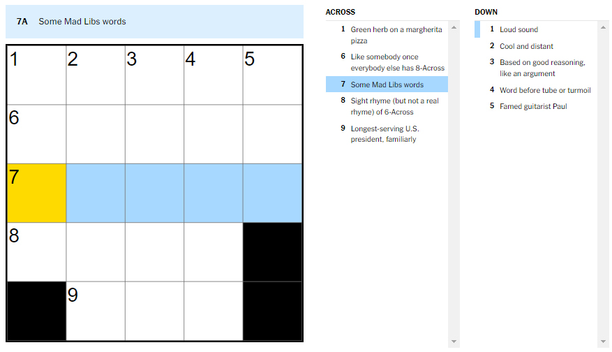 Picture showing the Some Mad Libs words clue in NYT Mini Crossword.