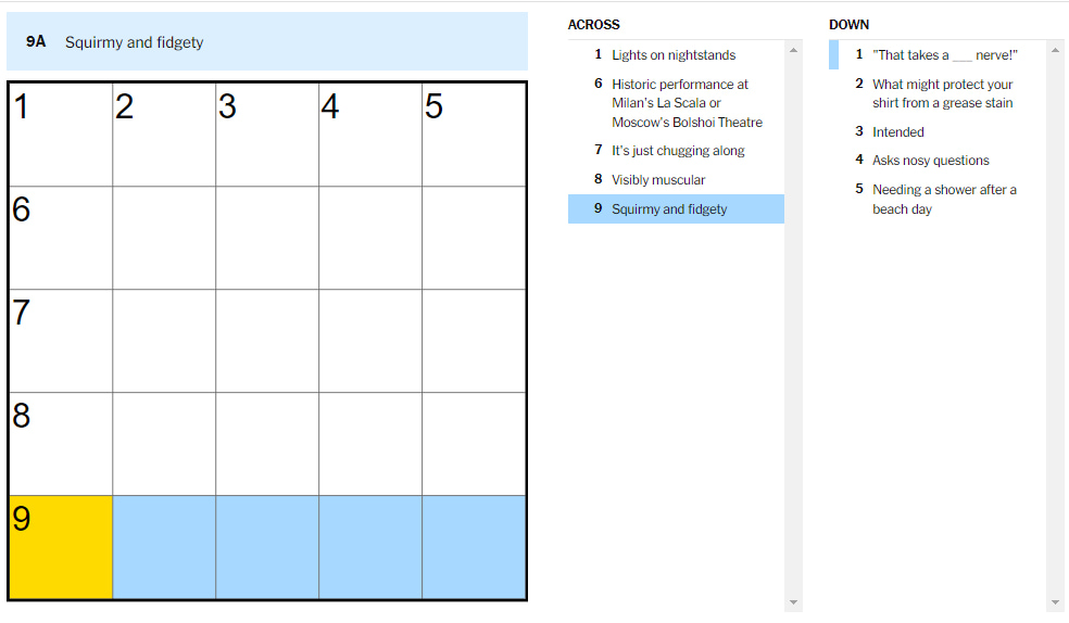 Picture showing the Squirmy and fidgety clue in NYT Mini Crossword.