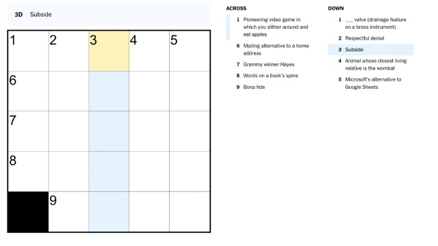 The clue, subside, highlighted in blue and yellow on the nyt mini crossword puzzle