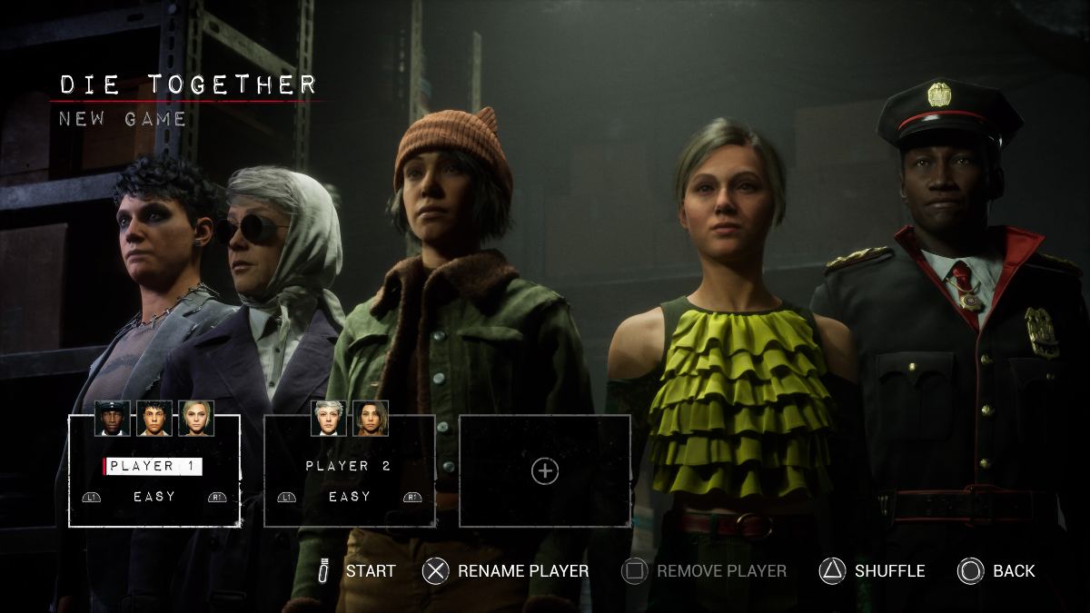 Die Together character selection screen with Jaime, Linda, Madi, Chris, and Sam