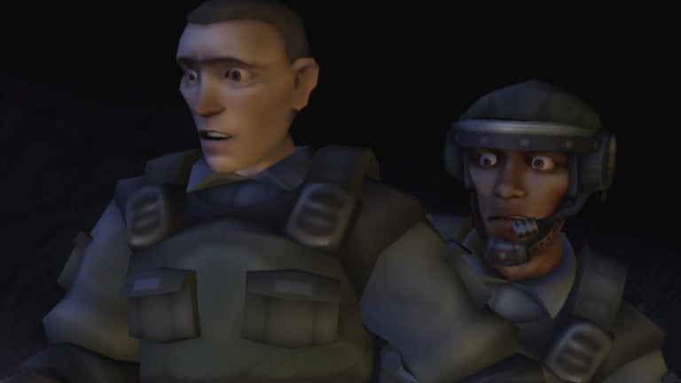 The opening cutscene in Siberia with two soldiers standing next to each other, looking scared and to the left