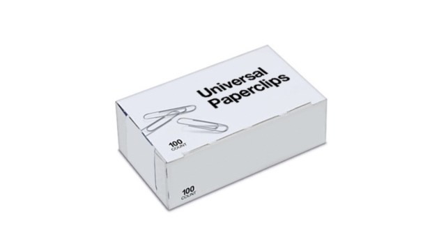 A box of universal paperclips against a white background