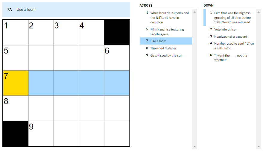 Picture showing the use a loom clue in NYT Mini Crossword.