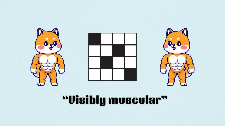 Two muscular dogs above the visibly muscular clue from the NYT mini crossword puzzle