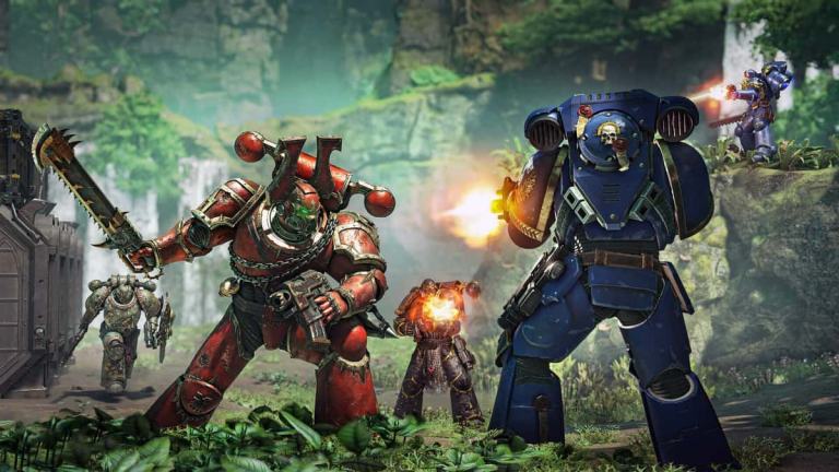 Two teams colored red and blue fighting in Warhammer 40K Space Marine 2.