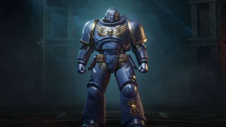 An Armor in Warhammer 40K Space Marine 2 with a piece of the Deathwatch Armor Set.