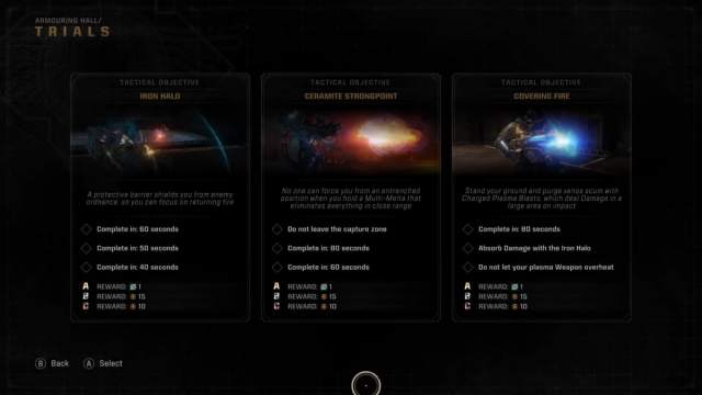 A selection of Trials shown in Warhammer 40K Space Marine 2.