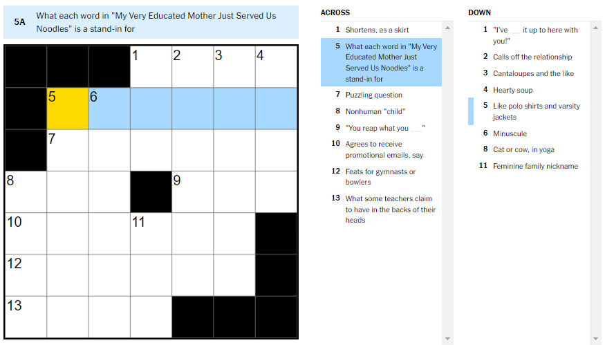 Picture showing the what each word in My Very Educated Mother Just Served Us Noodles is a stand-in clue in NYT Mini Crossword.