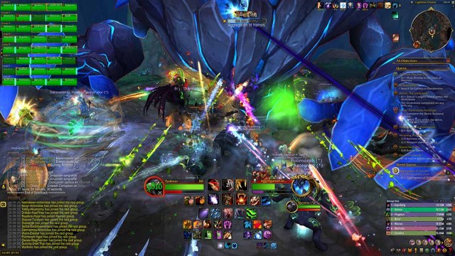 A WoW raid fighting a giant blue stone demon boss with lots of spells flying toward the boss