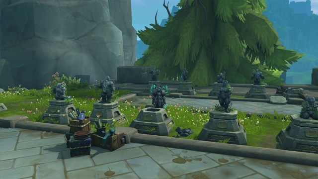 WoW Death Knight standing by an empty pedestal in a field full of statues