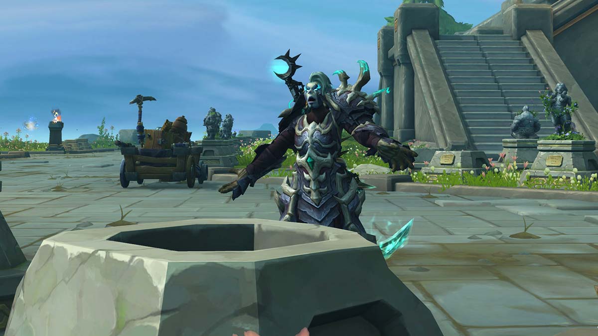 WoW Death Knight with a confused expression looking at an empty stone pedestal