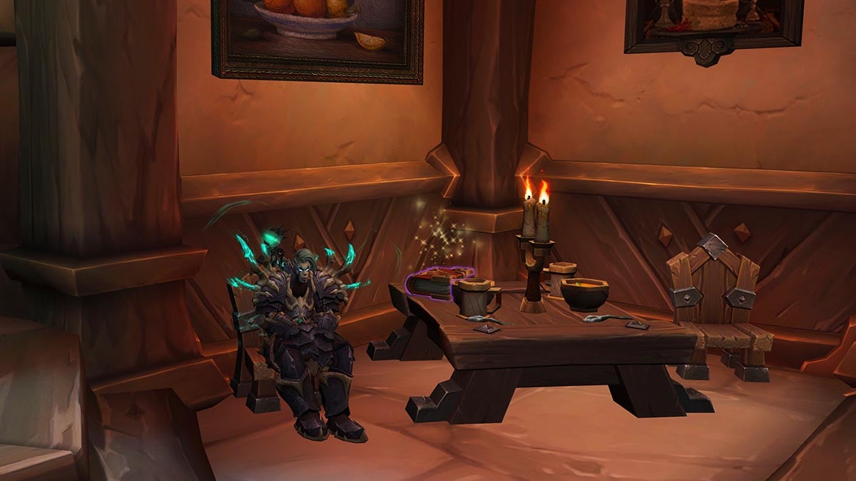 WoW Death Knight sitting on a chair next to a wooden table with a Lore Book on it