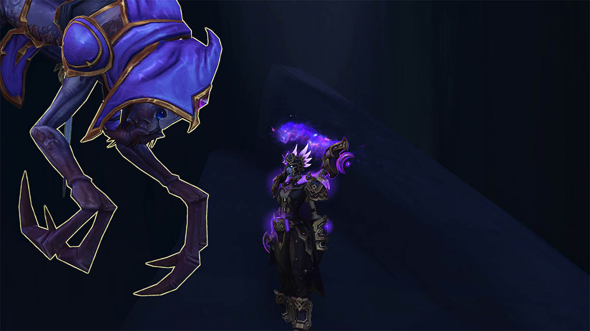 A WoW Druid in purple glowing armor speaking to a hanging spider monster on a cave wall