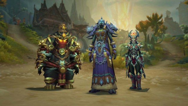 Three WoW characters standing next to each other in Hallowfall beneath a gold crystal wearing tier 2 armor