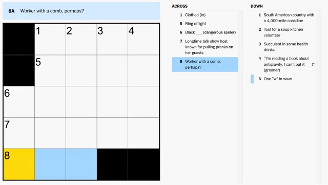 The clue, worker with a comb, highlighted in blue and yellow on the NYT mini crossword puzzle